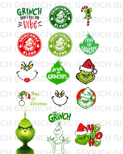 Grinch Christmas PNG Files | 46 Unique Designs (Instant Download)